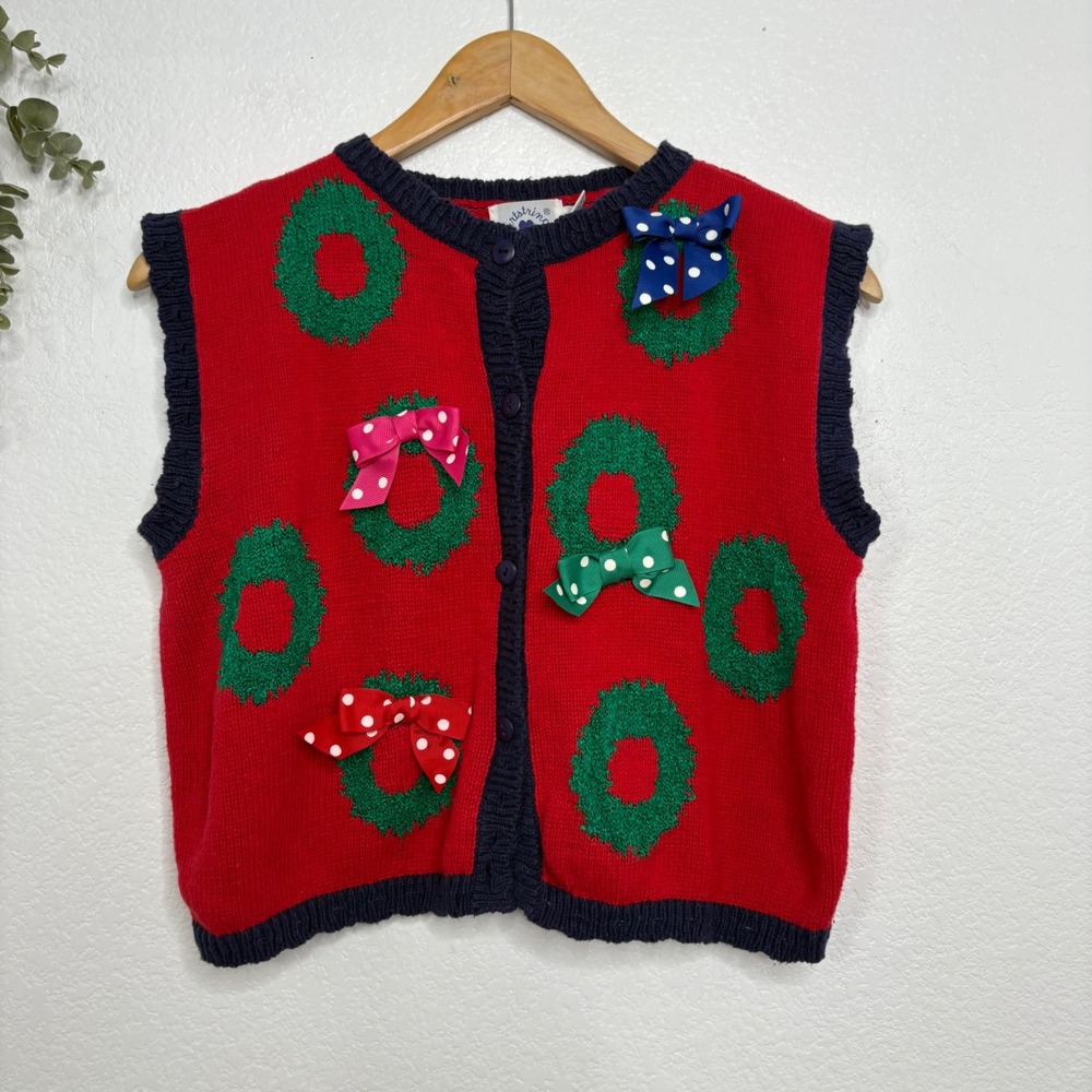 Hartstrings Kids Red Green Wreath‎ Bow Ugly Christmas Sweater Vest 10 12